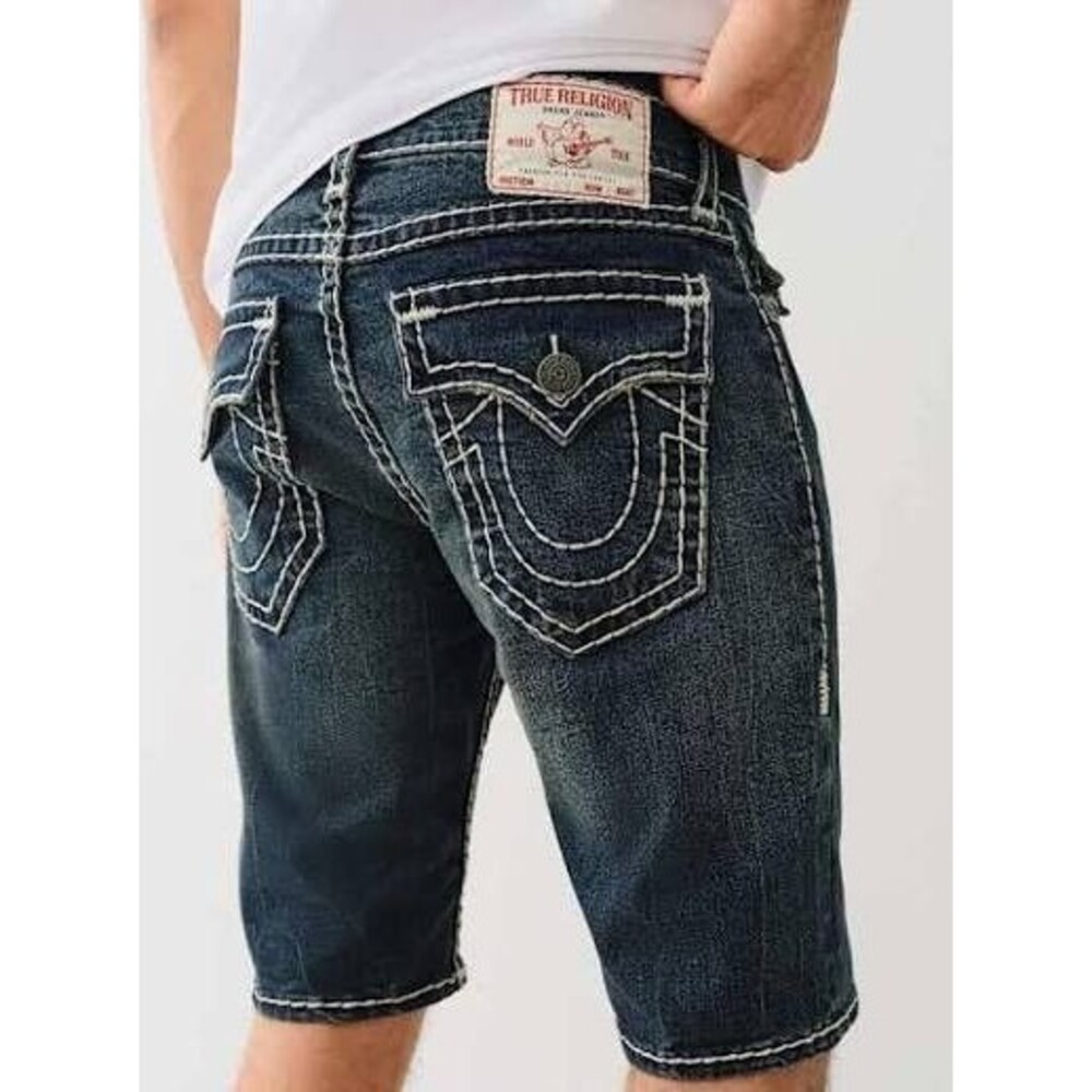 TRUE RELIGION Jean Shorts Mens Size 38 Dark Wash ROCCO Super T Flap Short Jorts